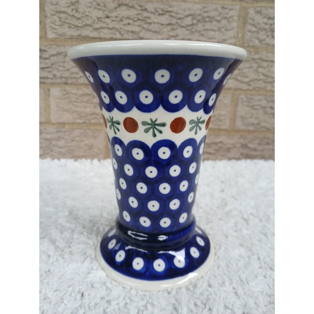 Zaklady Ceramics Boleslawiec Polish Pottery Trumpet Vase Peacock Eye Pattern 6in